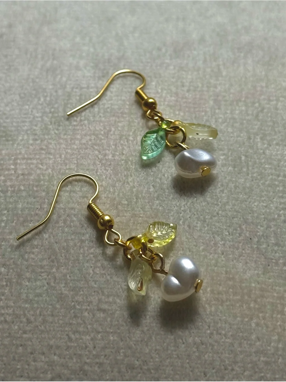 Elegant Gold Pearl & Green Leaf Dangle Earrings